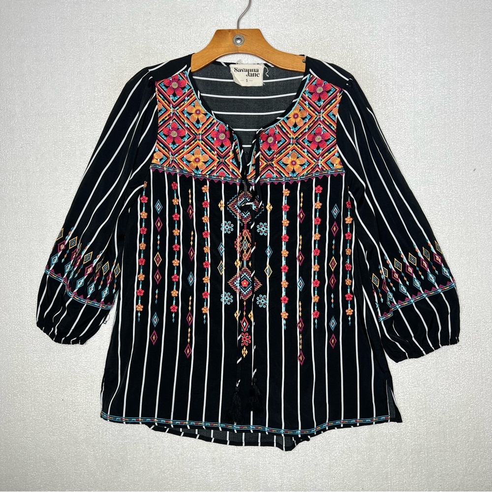 Savanna Jane Aztec Tribal Embroidered 3/4 Sleeve Blouse Womens Size S